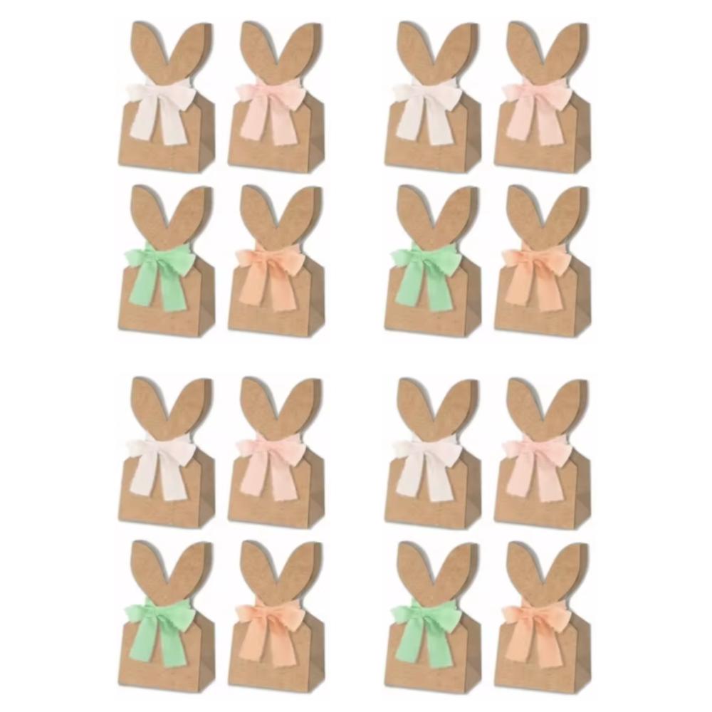 12PCS Cartoon Easter Rabbit Candy Gift Box with Ribbon Bow 3D Bunny Ear Rabbit Cookie Bag Kraft Paper DIY Party Favor Bag