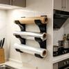 2Pcs Black 3 Tier Wall Mounted Kitchen Wrap Holder Rack for 3 Rolls Up To 50mm Diameter No Drill Tape Installation