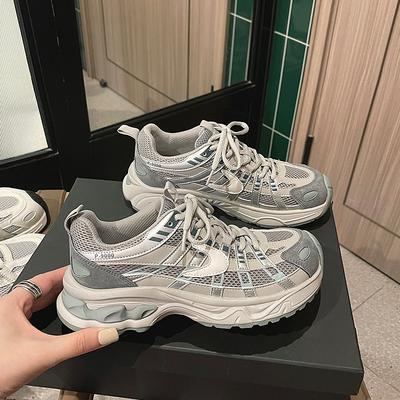 Кожаные легкие кроссовки женские 2025 осень новые коровья кожа шнуровка сетка дышащие повседневные спортивные папины кроссовки толстая подошва