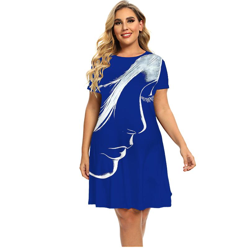 Платье с принтом для лица, женское свободное платье с коротким рукавом, летнее мини-платье большого размера, повседневная женская одежда больших размеров