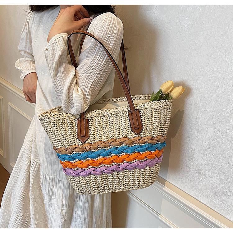 Богемная плетеная соломенная сумка через плечо в радужную полоску – Универсальная пляжная и отпускная сумка для женщин