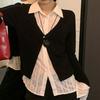 Flip Collar False Two-piece Top Korean Style Lace Long Sleeved Knitwear Knitted Top Women  Party