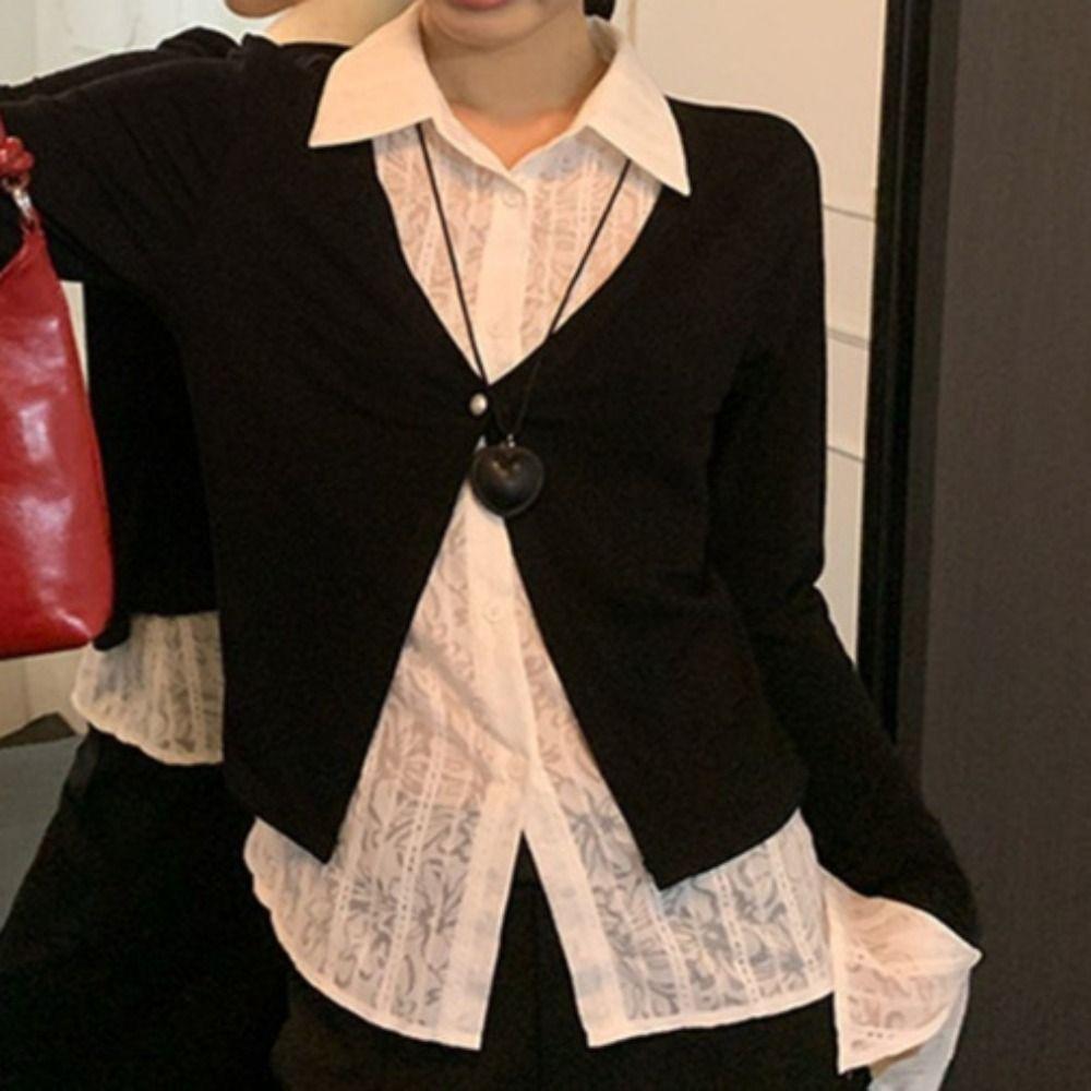 Flip Collar False Two-piece Top Korean Style Lace Long Sleeved Knitwear Knitted Top Women Party