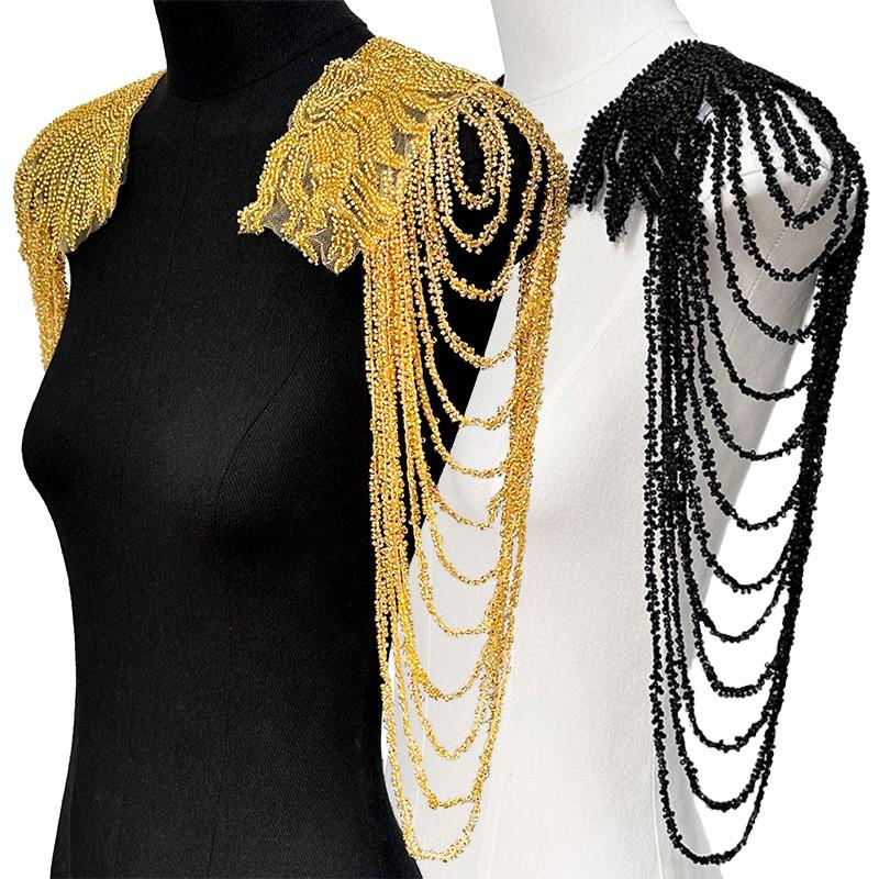 1PC Tassel Chain Gold Cloth Patches Clothing Accessories Shoulder Ornament Sewing Appliques Wedding Dress Sequin Performance