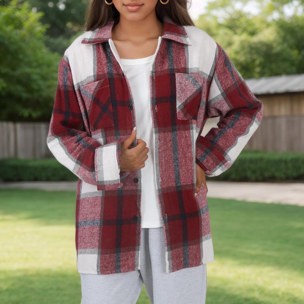 Женское пальто осень и зима клетчатая рубашка пуговицы модное шерстяное пальто