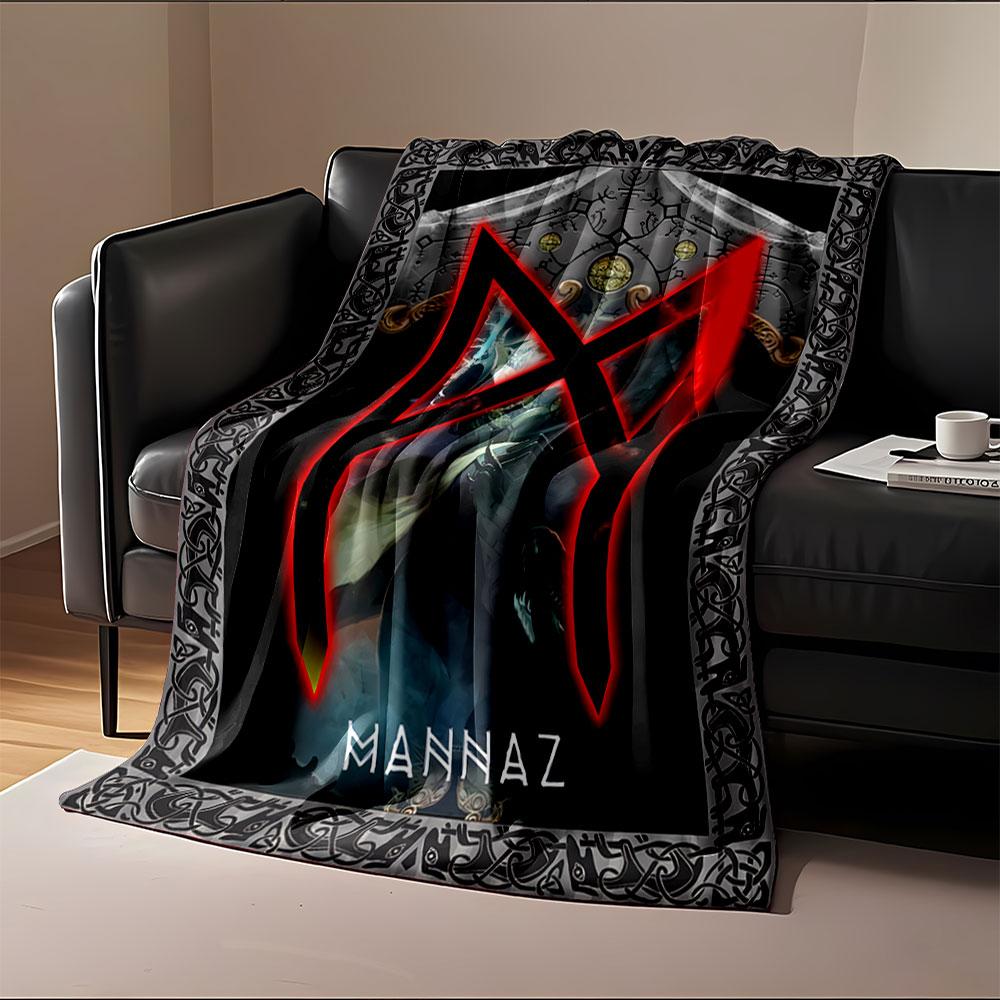 A glowing red Mannaz rune overlays mystical figures and Nordic patterns. for all seasons blanket lunch break throw gift
