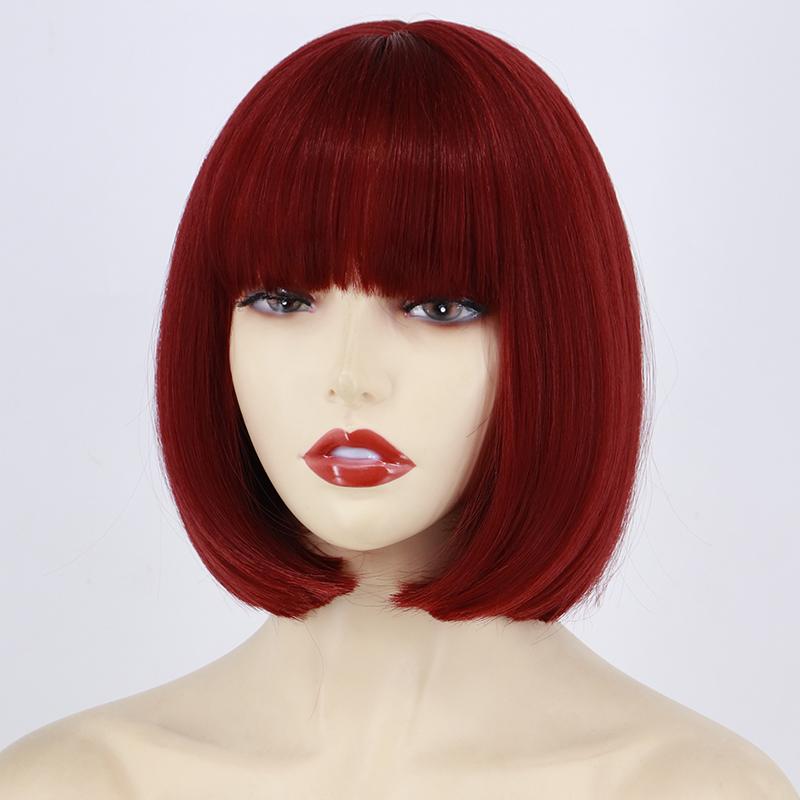 MISS WIG Женская мода, волосы красного вина, боб, косплей, прямой парик с челкой, длина до плеч, прямой парик из синтетического волокна для Хэллоуина
