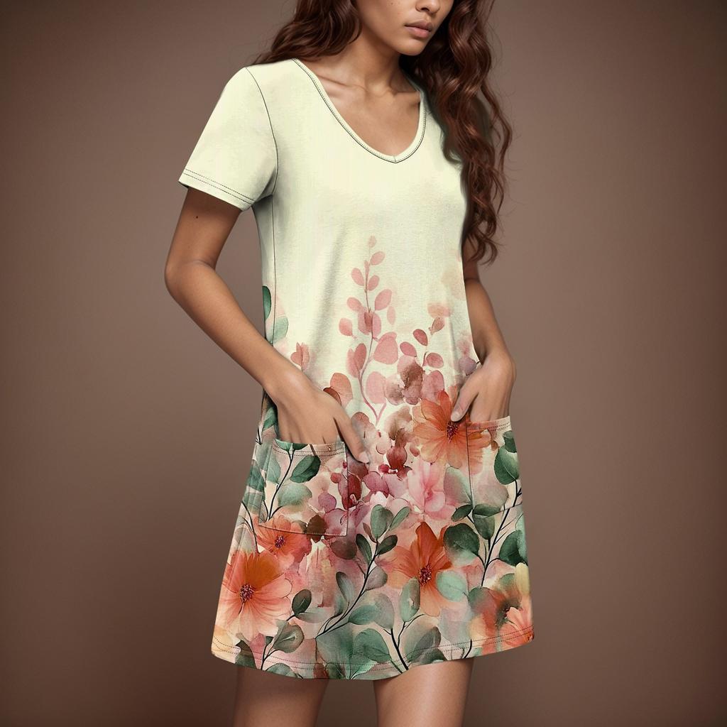 Женский повседневный сарафан с карманами, летнее пляжное платье в стиле бохо, цветочные блузки для женщин, футболки, платья с V-образным вырезом, свободные платья