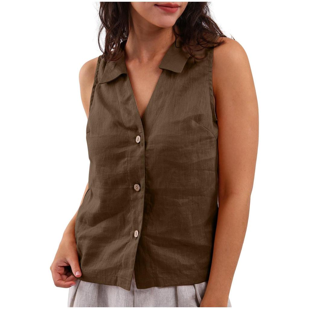 Women's Fashion Loose Solid Color Cotton And Linen Buttoned Lapel Vest Casual Shirt Top
