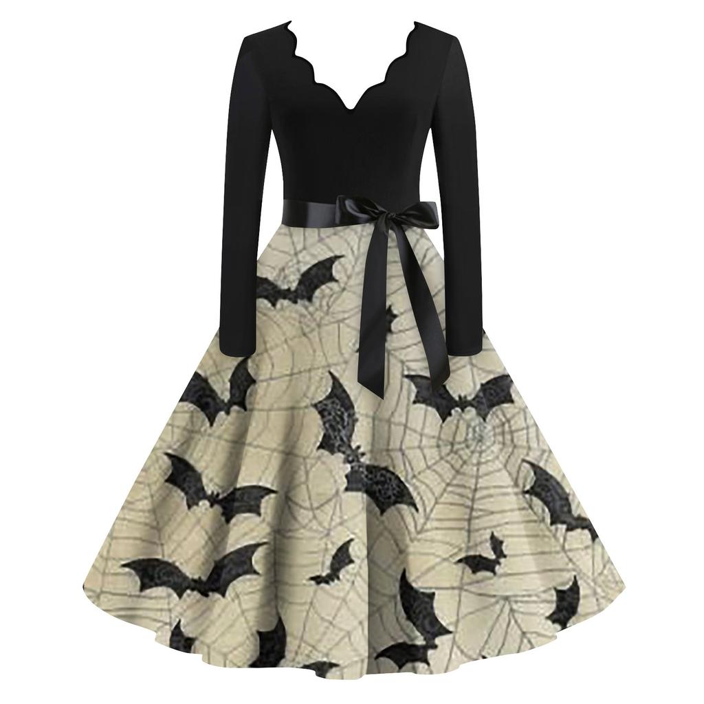 Платье на Хэллоуин для женщин с винтажным принтом и длинным рукавом с v-образным вырезом плюс размер вечерние платья для выпускного вечера
