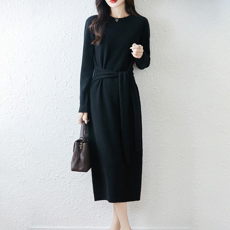 Women Sweater Dress 100% Wool TIDENOVEL O-neck Knit Long Pullover Winter Jumpers Wool Long Dress Female