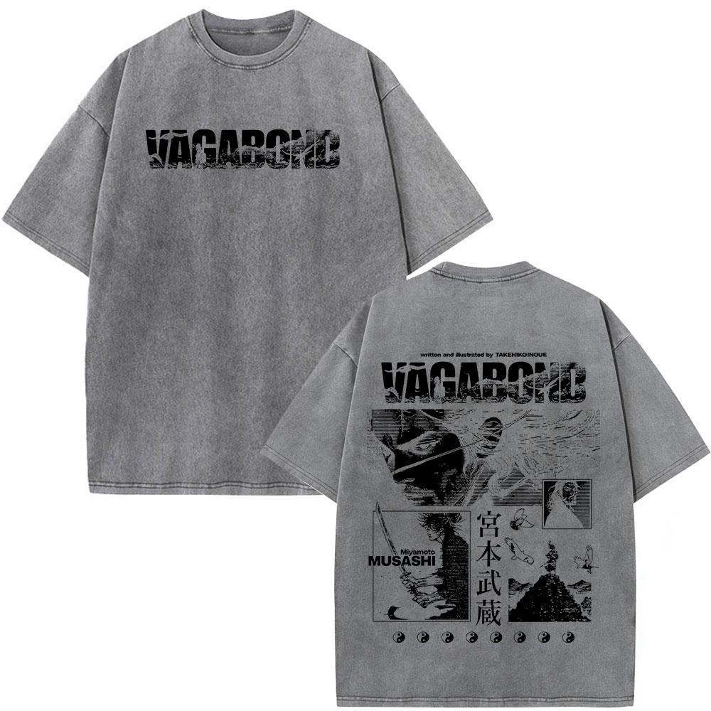 Vintage Washed Anime Vagabond Miyamoto Musashi Manga Tshirts Men Women Clothing Casual Cotton Short Sleeve Oversized T Shirts