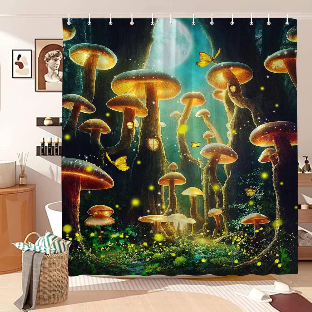 Mushroom Shower Curtain Retro Butterfly Floral Boho Moon Botanical Wildflowers Green Plant Aesthetic Bath Curtain Bathroom Decor