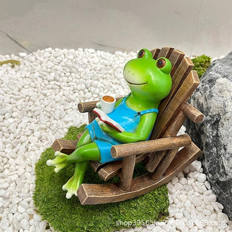 Симпатичное лечебное маленькое украшение, милая мини-фигурка лягушки из смолы, дизайн кресла-качалки с книгой, кофе, украшение для дома, спальни, офиса