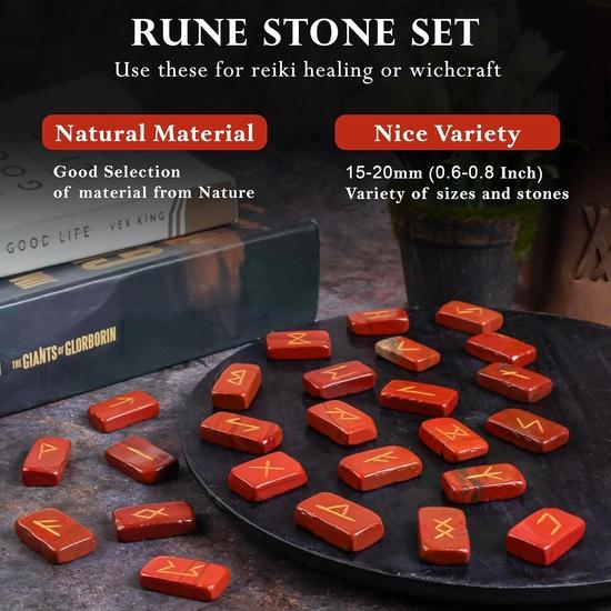 Crocon Mothers Day Gift Red Jasper Rectangle Shape Gemstone Runes with Elder Futhark Alphabet Engraved 25 Pcs Rune Set | Size : 20-25mm