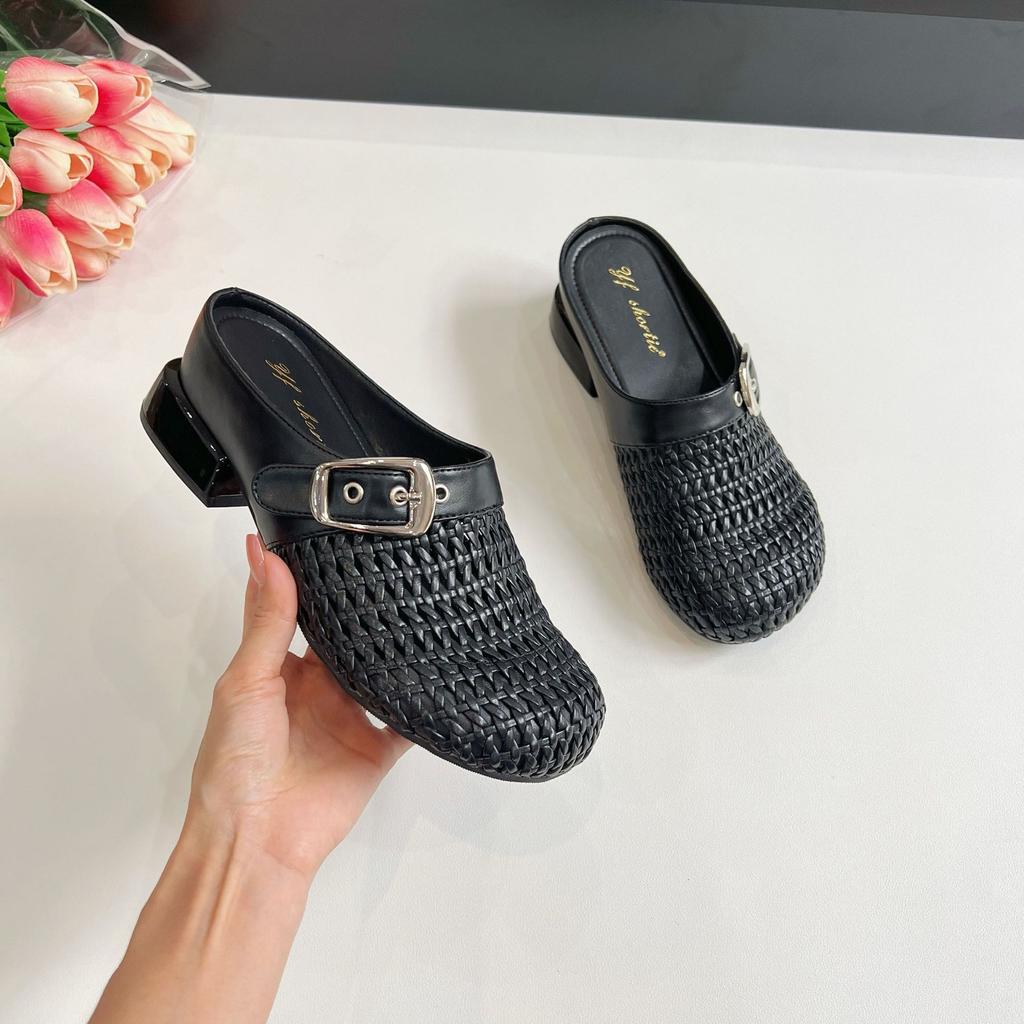 Sheepskin Version~ Inner Heightening Women's Shoes Woven Hollow Thick Heel Muller Shoes 2025 Summer New Models Not Tired Feet Cool Slippers