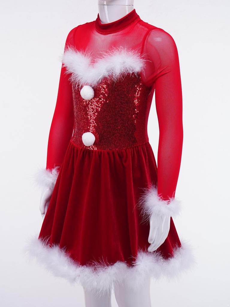 Рождественские костюмы эльфа для девочек, блестящее платье с блестками для фигурного катания на коньках, рождественские танцевальные наряды