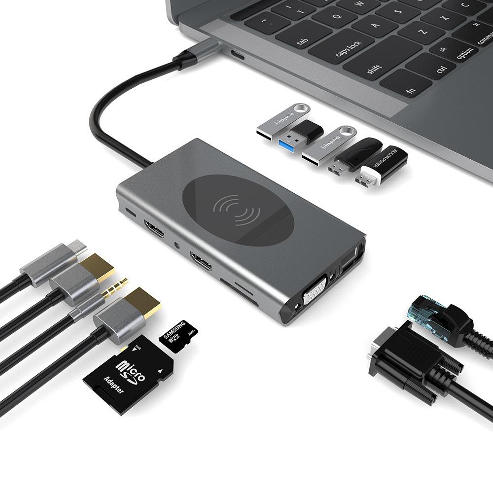 Док-станция 13 в 1 Type C с беспроводной зарядкой 4K USB-концентратором, многофункциональным расширителем для ноутбука, ПК, MacBook