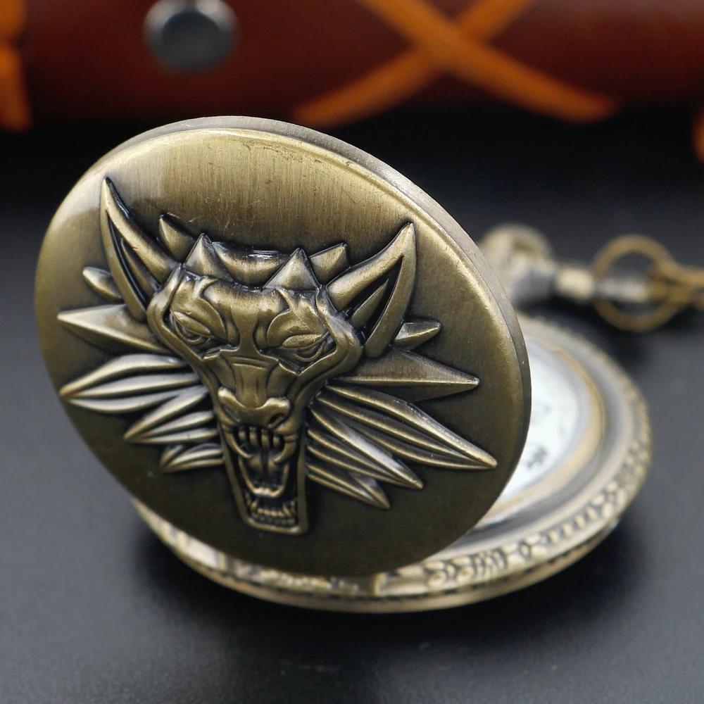 10pcs/lot Bronze Antique Western Werewolf Embossed Quartz Chain Pocket Watch Vintage Men Women Children Clock Gift