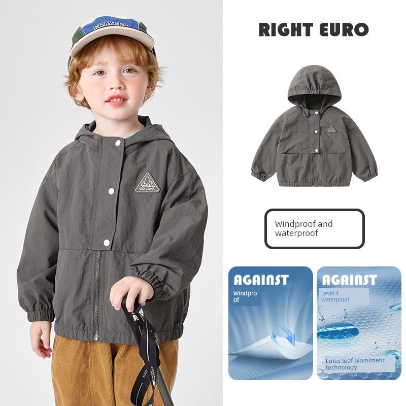 Right European Boys' Windproof Jacket 2026 Spring and Autumn New Casual Waterproof Hooded Clothing Children's Wear Baby Top
