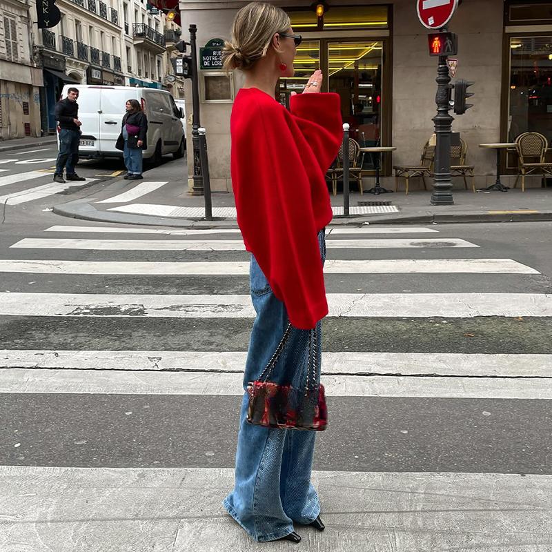 Красный женский свободный шерстяной свитер с V-образным вырезом, куртка с длинным рукавом, вязаный пуловер, новый осенний женский повседневный офисный трикотаж, топы