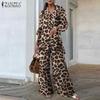 Spring 2PCS Sets Women Leopard Print Shirt And Long Pants Wide Leg