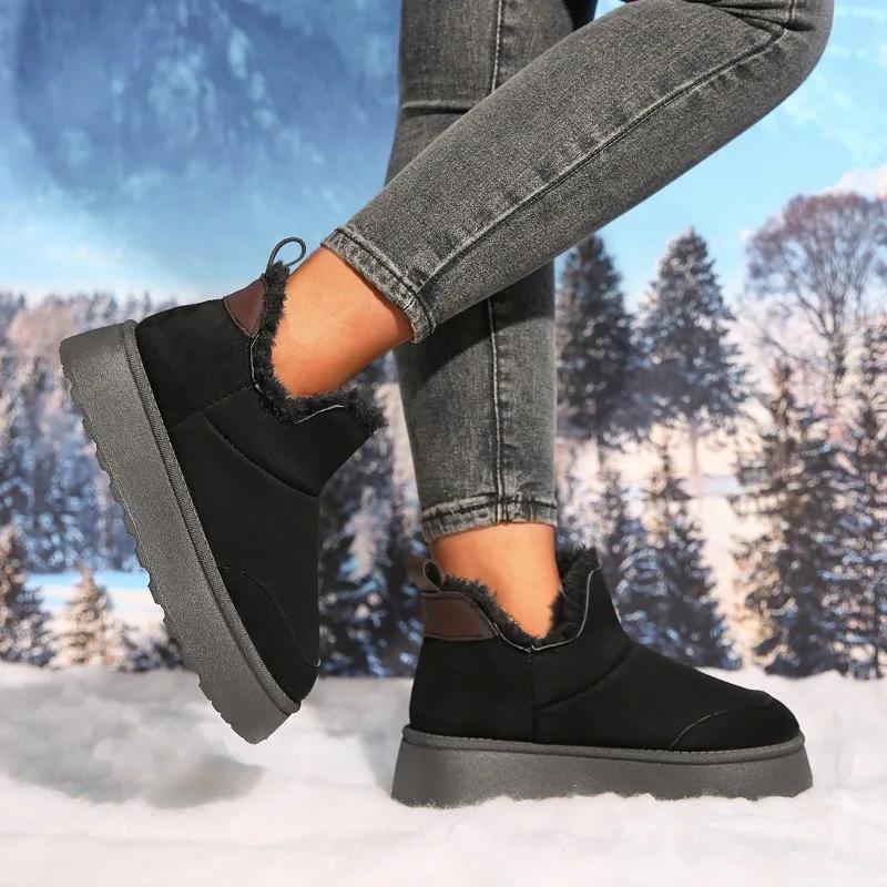 Женские нескользящие ботинки на плоской подошве, теплые плюшевые зимние ботинки, зимняя повседневная обувь на толстой подошве, новинка 2024 года, замшевые ботинки для ходьбы Femininas
