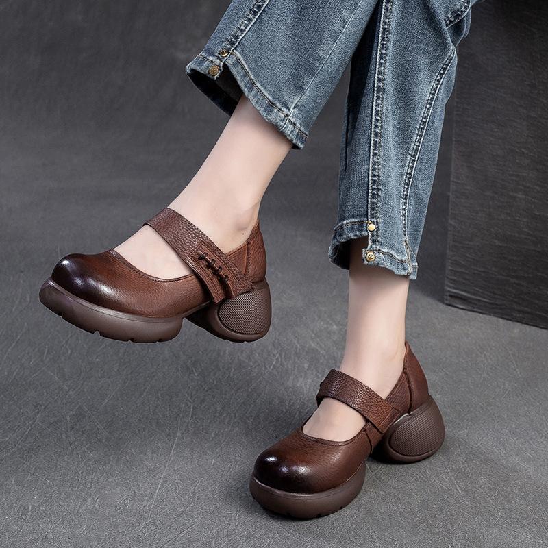 GKTINOO Retro Thick Soled Comfortable Pumps 2025 Autumn New Genuine Leather Round Toe Hook & Loop Women's Shoes