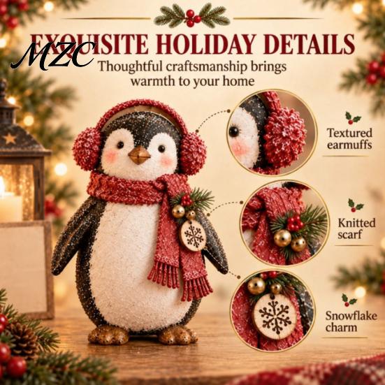 Penguin Collectibles for Winter Christmas Ornament with Scarf, Resin Animal Figurine, Theme Home Accessories Charming Statue Holiday Desk Decor