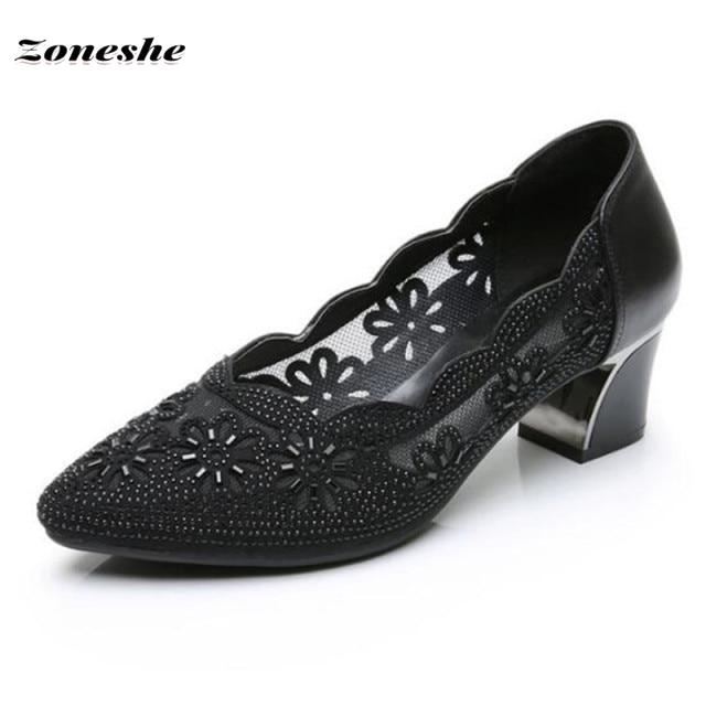 Кожаные женские туфли на среднем каблуке, сетчатые женские офисные туфли, модная повседневная обувь