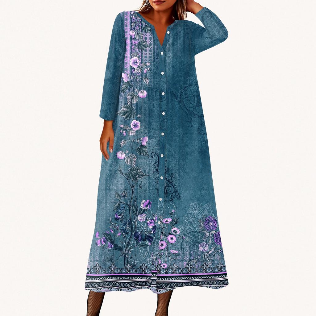 Women's Fashionable Printed Round Neck Seven Quarter Sleeve Button Loose Shirt Dress