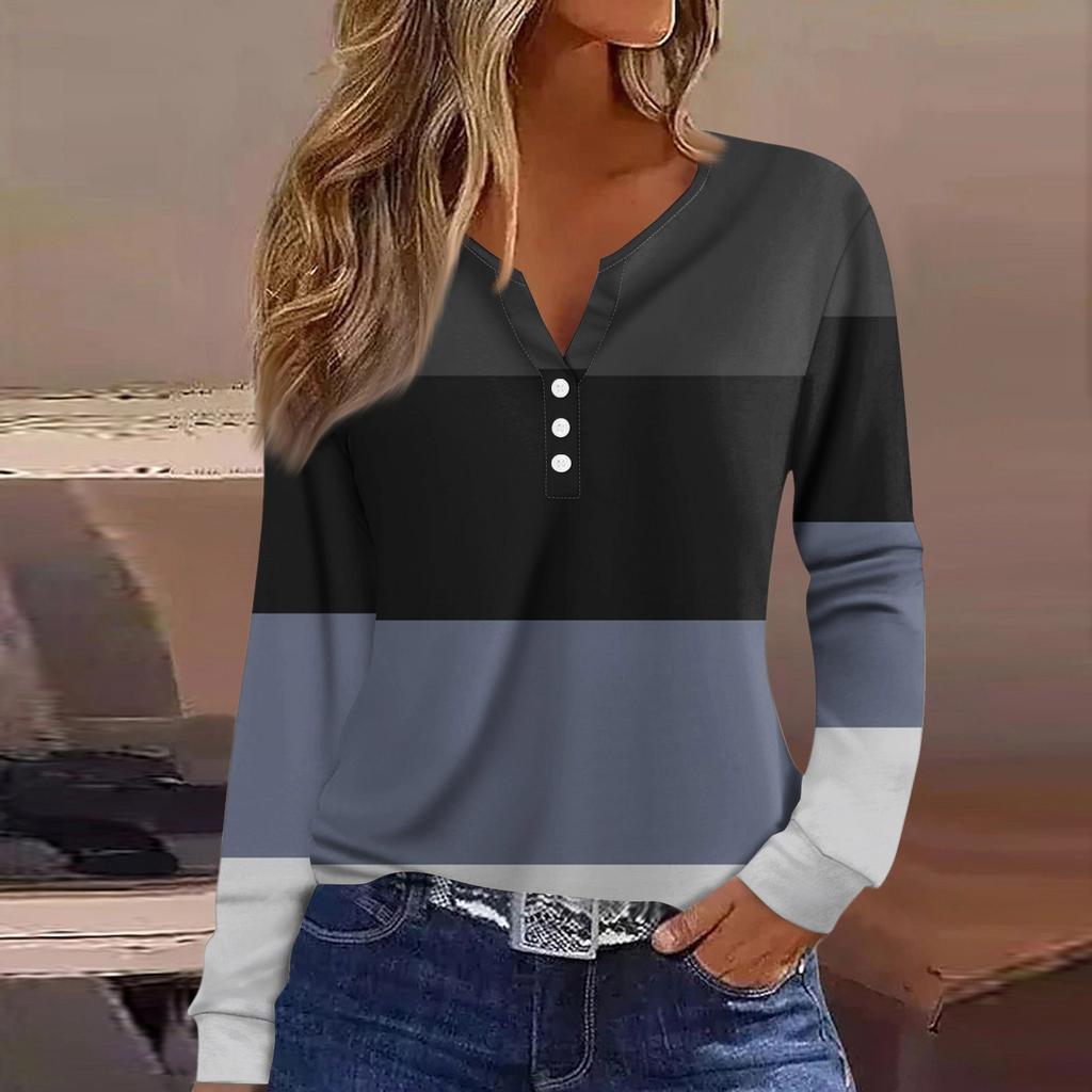 Жен. Футболка Футболка на пуговицах с длинным рукавом Повседневные Выходные Мода Классический Топ с v-образным вырезом Обычный