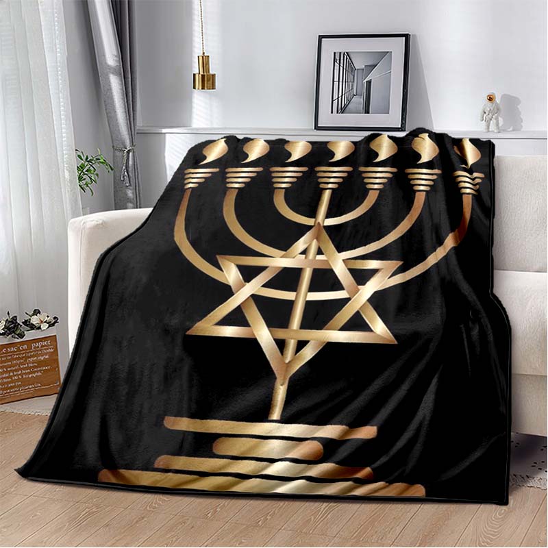 Seven Candles Menorah Vintage Golden Floral Frame Black Print Soft Flannel Throw Blanket Sofa Bed Jewish Holiday Warm Decor Cover