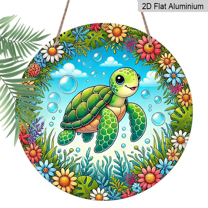 2D Flat - A 1pc 7.87*7.87In/20X20Cm 2D Flat Round Sign Featuring a Cute Cartoon Turtle And Floral Retro Decor, Representing Marine Life And