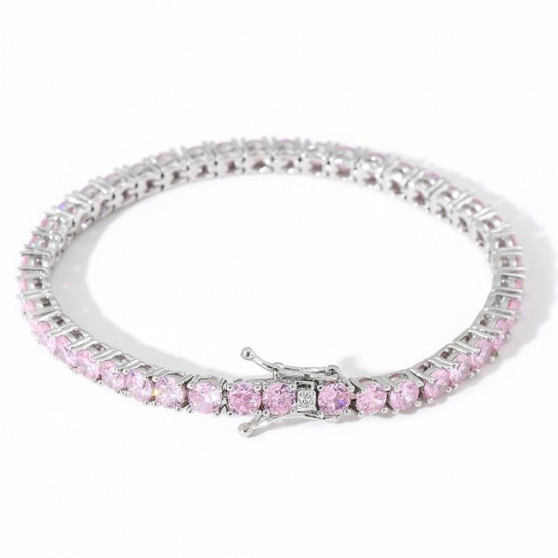 Mens Hip Hop Tennis Chain Necklace 4mm Pink Zircon Single Row Copper Adjustable 7-24 Inch