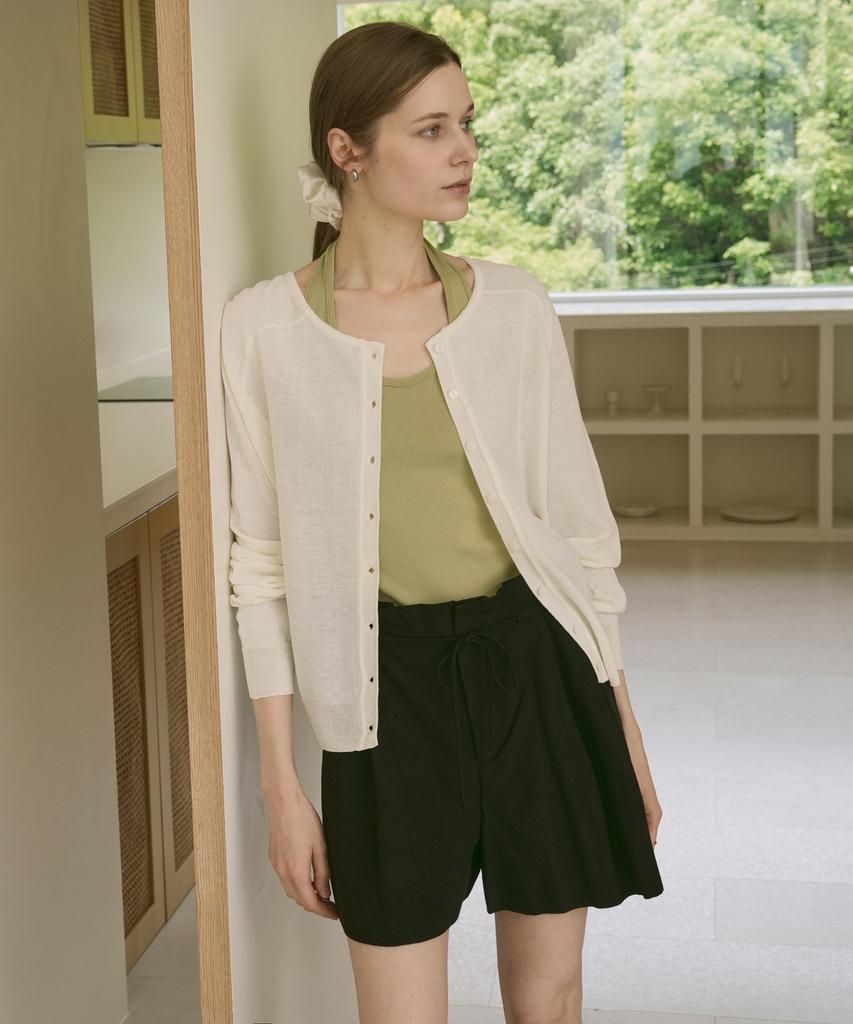 VLETI Linen Blend Raglan Button Knit Cardigan (Ivory)