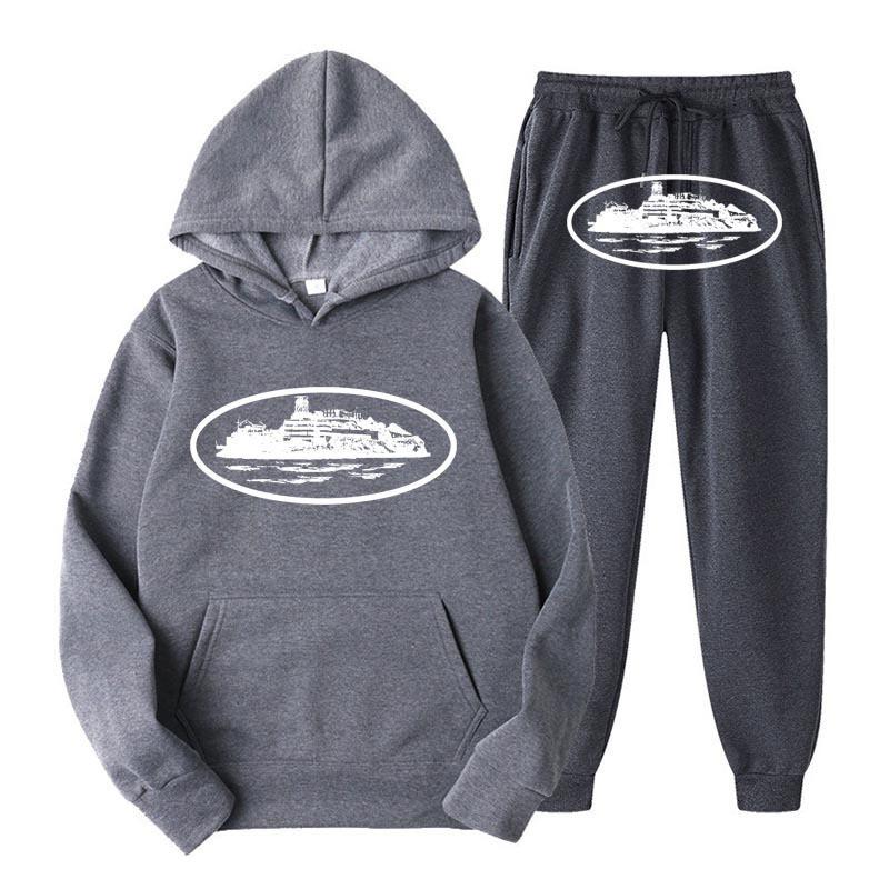 Unisex Hooded Fleece-Lined Graphic Sweatshirt Set Loose Fit Winter Casual Outfit Men Women