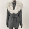 Womens Oversized Knit Cardigan With Real Fox Fur Collar Mid-Length Open Front Sweater Winter