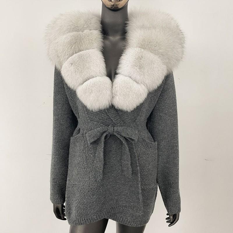 Womens Oversized Knit Cardigan With Real Fox Fur Collar Mid-Length Open Front Sweater Winter