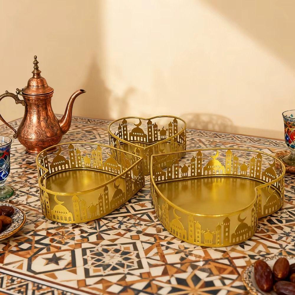 3Pcs Gold Color Ramadan Festival Art Tray Elegant Eid Candy Dish  Islamic Holidays