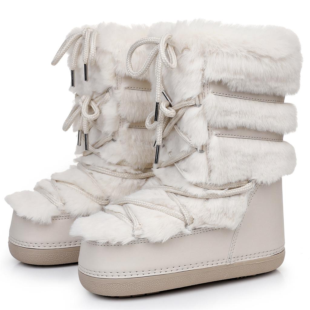 Пушистые меховые ботинки-дутики из искусственного кроличьего меха для женщин, зимние, женские, на шнуровке, водонепроницаемые, теплые, до середины икры, лыжные ботинки, милые ботинки в стиле y2k