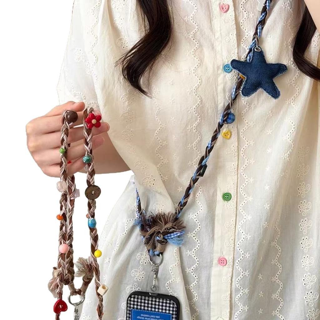 Handmade woven star bead phone strap necklace for women, multifunctional portable storage, can be worn crossbody, long phone chain