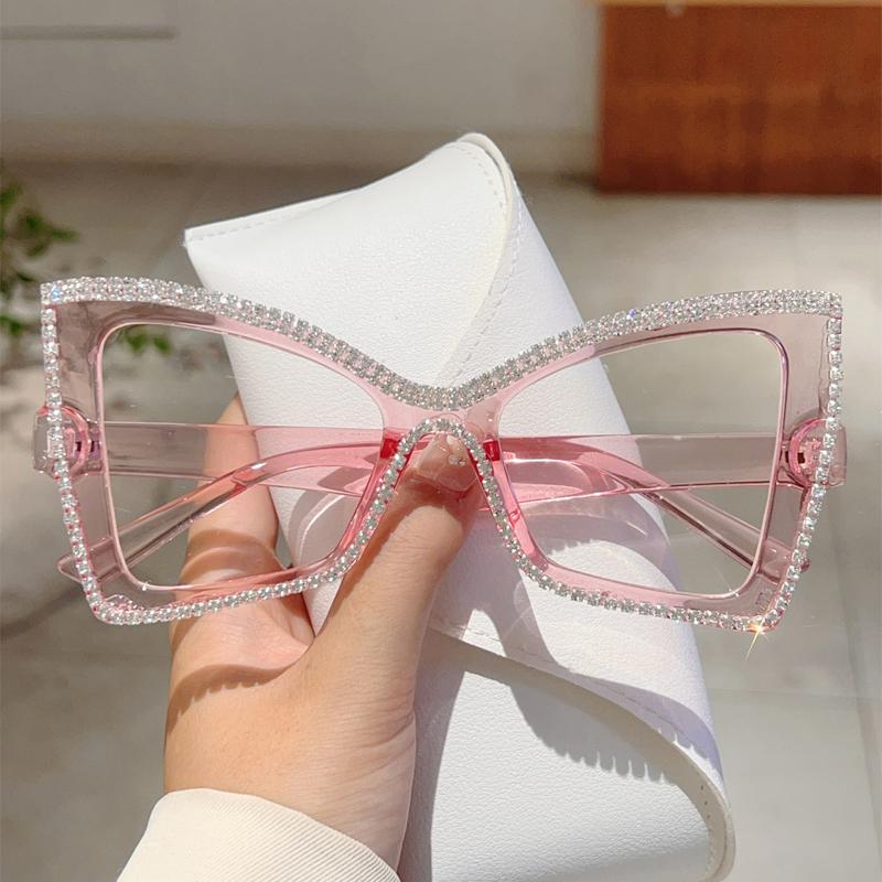 Trendy Retro Oversize Cat Eye Frame Women Crystal Shiny Decor Glasses Blue Light Blocking Ins Brand Design Eyewear