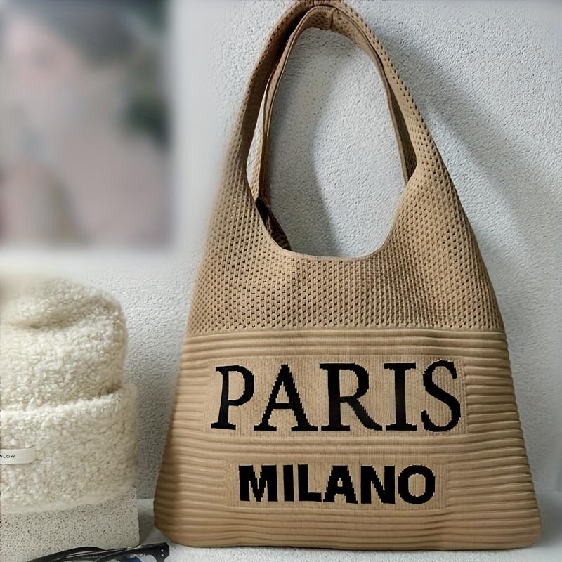 Винтажная сумка-тоут крючком Paris Milano - Шикарная сумка через плечо с надписью "PARIS MILANO", Бежевая и черная, Идеально подходит для пляжа