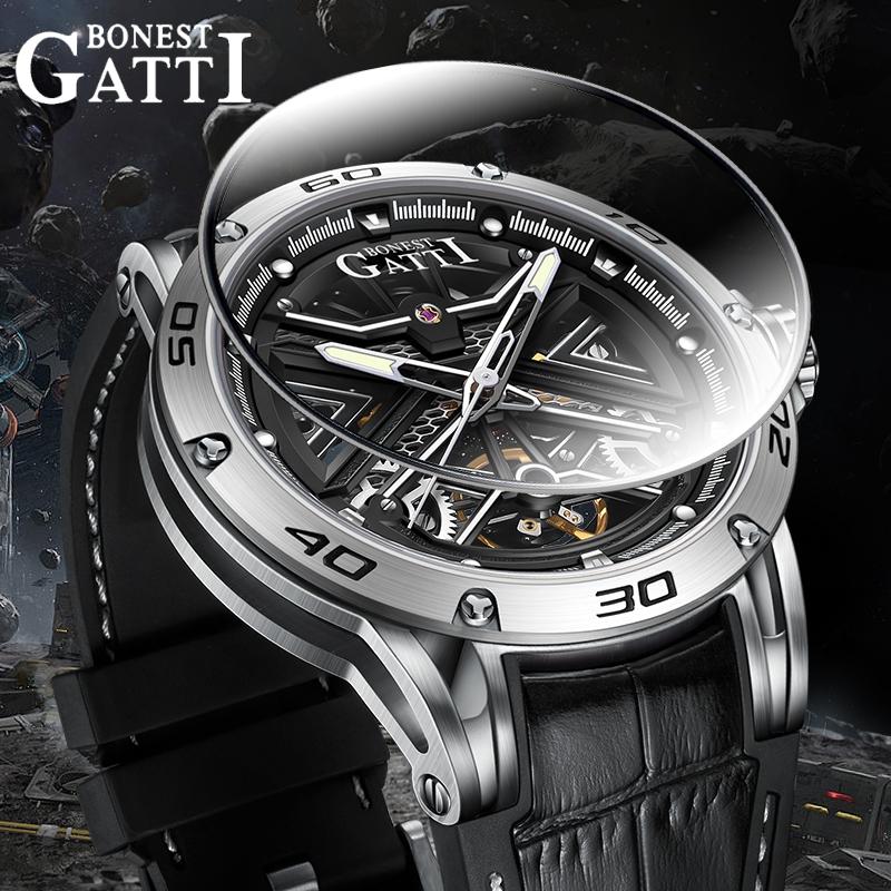 Bonest Gatti Watches Men's Casual Round Hollowed-out Spiral Tourbillon Mechanical Watch