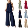 Women's Casual Summer Two Piece Outfits Cotton Linen Sets Cutout Sleeveless Top Wide Leg Pants Matching Set