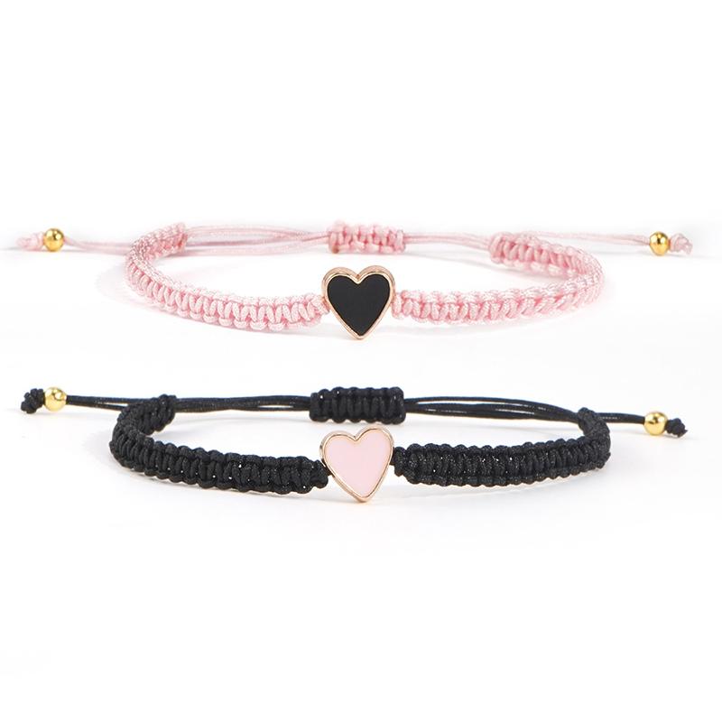 Браслет на удачу с эмалевым сердцем, веревочный браслет, регулируемый, для дружбы, парные украшения, 2 шт./комплект