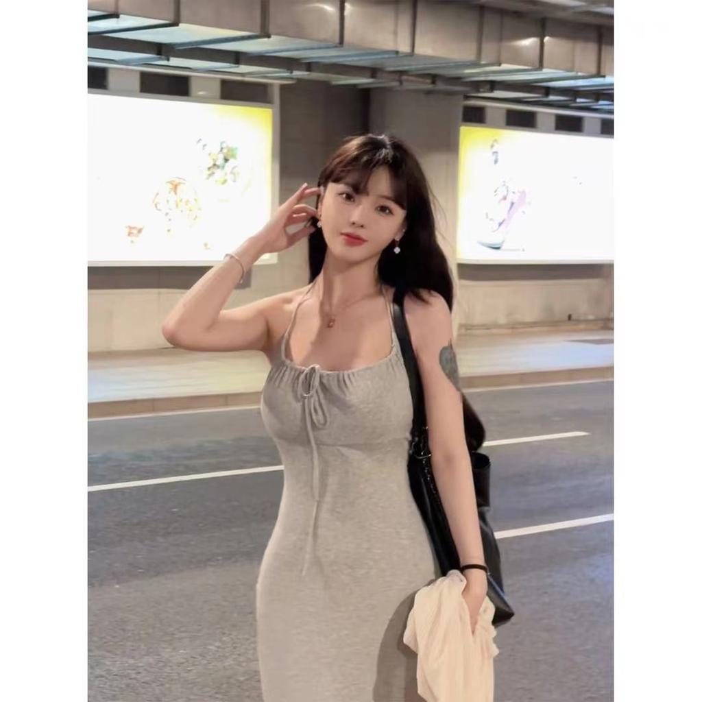 Light gray lace-up neck dress summer sexy pure desire slim-fitting waist version suspender backless long dress