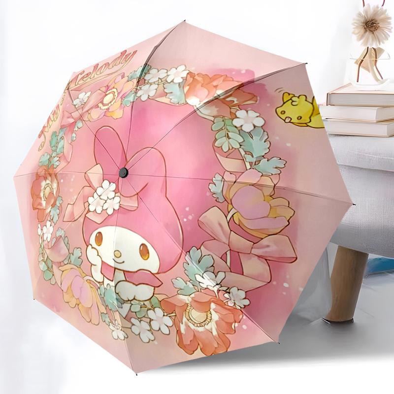 1 шт. Автоматический складной зонт My Melody с цветочным венком - Портативная 3-складная конструкция с железным каркасом, идеально подходит для использования на улице, в качестве праздничных подарков, для путешествий, на каждый день