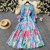Summer Holiday Flower Long Maxi Dress Women's V Neck Lantern Sleeve Floral Printing Big Swing Chiffon Boho Robe Vestidos 2085